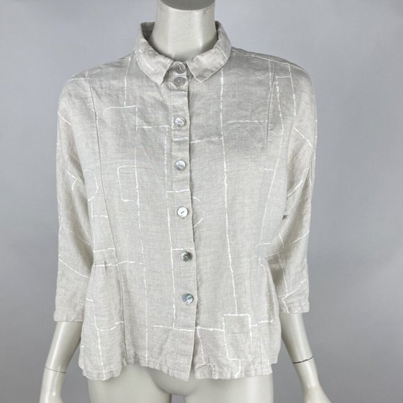 Chalet USA Linen Button-up Top Women M EUC 3/4 Sleeve Collared Shirt Jacket‎ - Picture 1 of 10